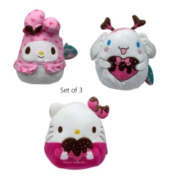 Set Of 3 Valentine Squishmallow Sanrio Hello Kitty, Cinnamoroll, My Melody Chocolate Dipped Pink Heart 8" Stuffed Plush By Kelly Toy