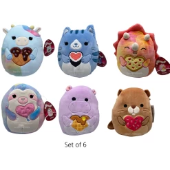 Set Of 6 Valentine Squishmallow Beaver, Triceratops, Sloth, Hippo, Cat, Cow 12" Stuffed Plush By Kelly Toy