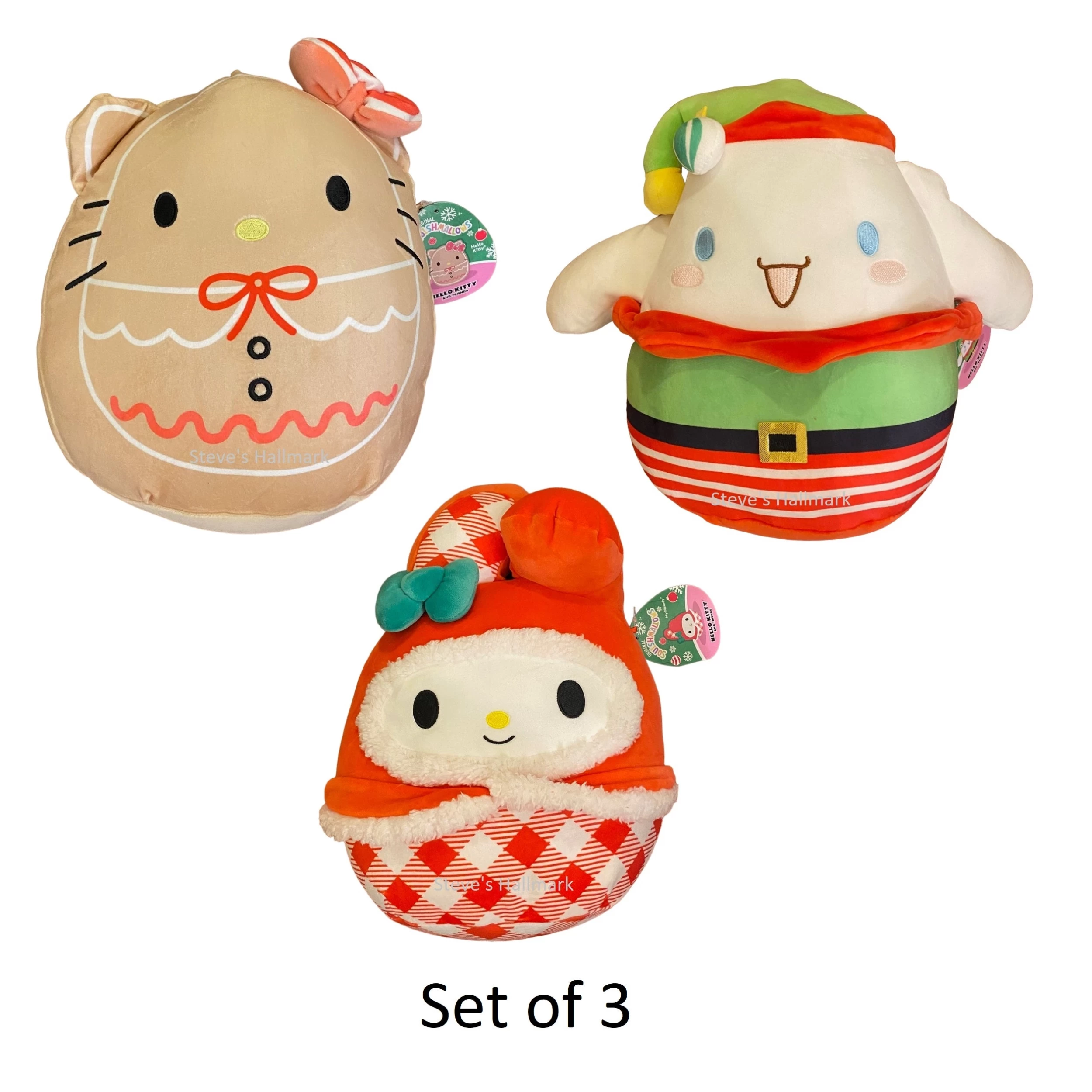 Set Of 3 Christmas Squishmallow Sanrio Hello Kitty Gingerbread, Cinnamoroll Elf, And My Melody Gingham 8" Stuffed Plush By Kelly Toy